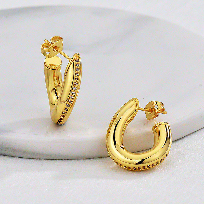 E0639 Design Sense Irregular Twisted Earrings for Women Copper Plated Real Gold Micro Inlaid Zircon Earrings