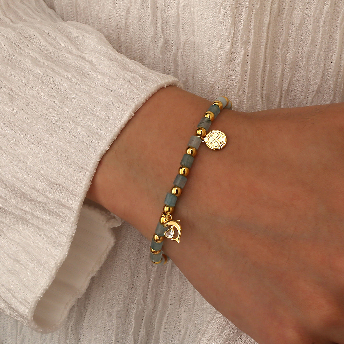 B0262 Copper plating14k Gold Dolphin Fashion Beaded Zircon Bracelet