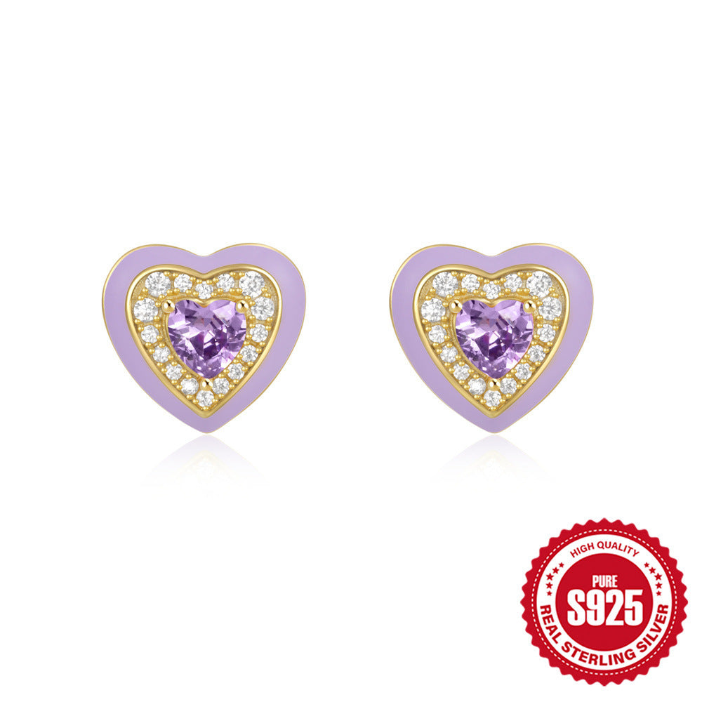 New925Sterling Silver Heart-Shaped Colored Diamond Oil Drop Earrings Hot-Selling Inlaid Diamond Mother's Day Earrings for Women