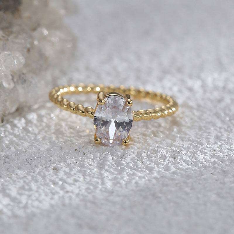 CYR0580 Fashion Retro Twisted Pattern Ring for Women Copper Plated with Real Gold Oval Zircon Ring