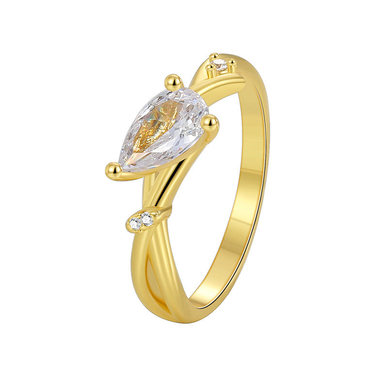 R0534 Simple Design Ring for Women, Brass with Gold Plating, Cold Freshwater Drop-Shaped Zircon