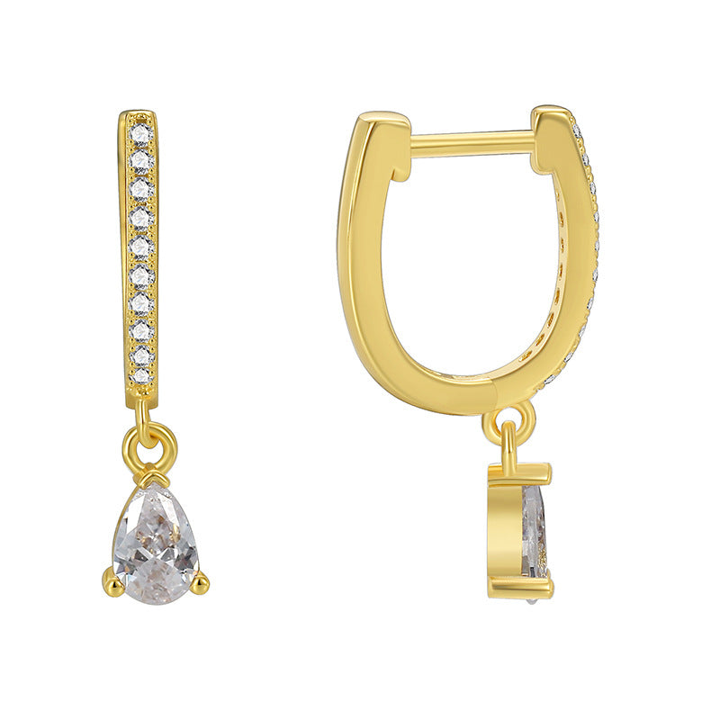E0599 Fashion Minimalist Cool Style Water Drop Zircon Earrings for Women Copper Gold Plated Micro Inlaid White Zircon Hoop Earrings