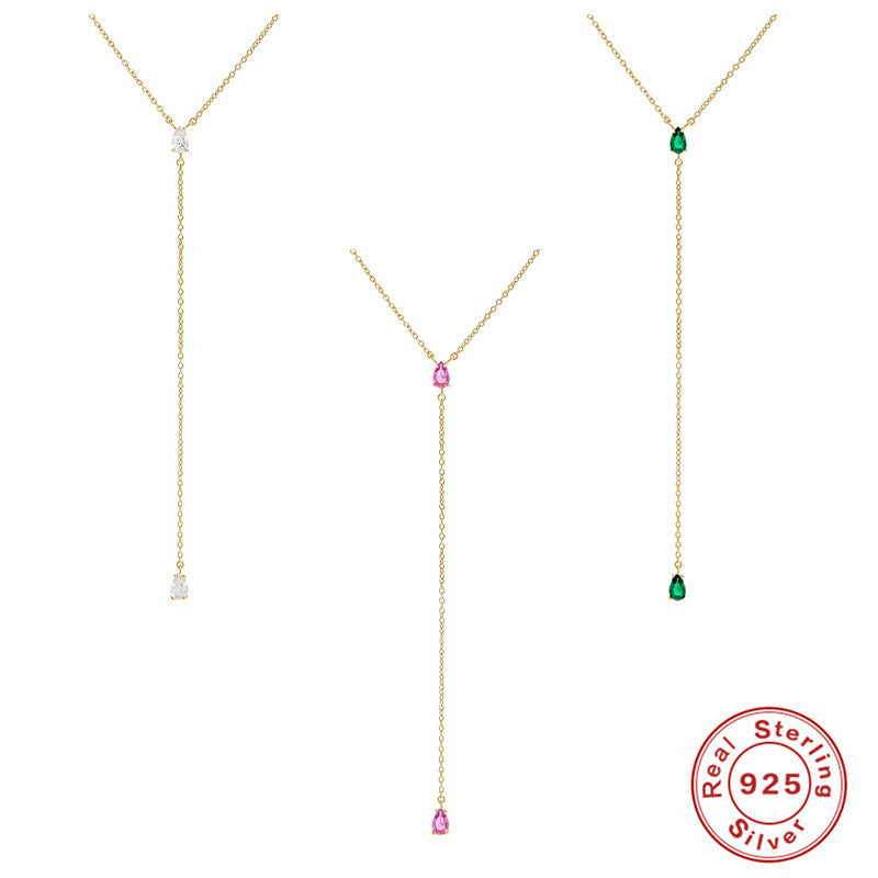 S925 Sterling Silver Y Collarbone Necklace With Diamond Inlays