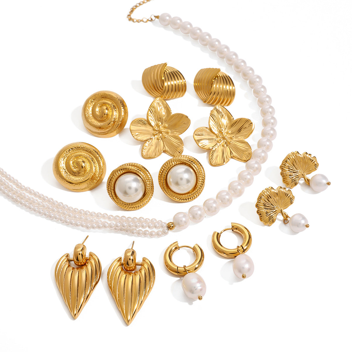 Stainless Steel Pearl Necklace Exaggerated Flower Stud Earrings Jewelry earrings