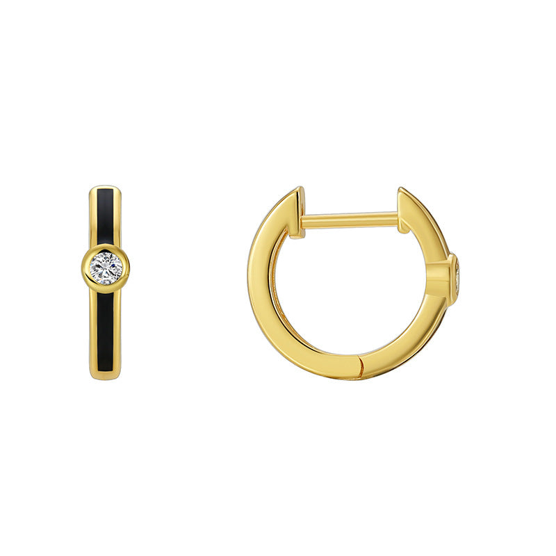 E0598 Vintage Minimalist Design Earrings for Women Copper Gold Plated Black Resin Inlaid with White Zircon Hoop Earrings