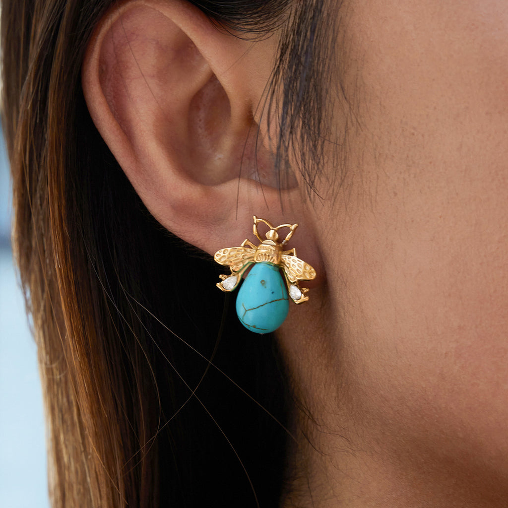 Zircon Imitation Pearl Stud Earrings Turquoise Ear Jewelry Stainless Steel Accessories for Women