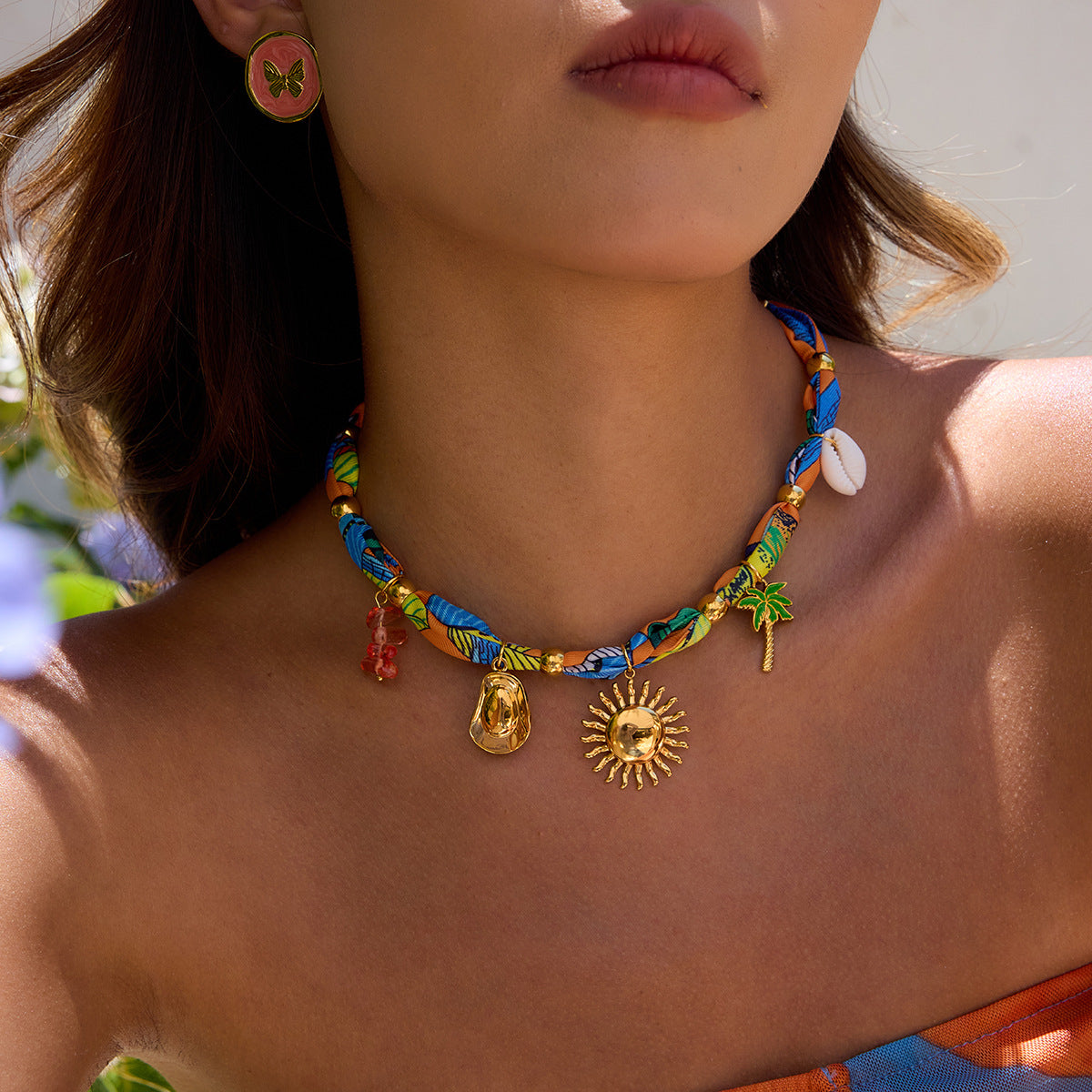 2H Vacation Style Silk Scarf Necklace Collarbone Chain Stainless Steel Jewelry for Women Non-Fading