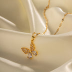 2H 18K Gold Stainless Steel Inlaid White Zircon Butterfly Pendant Necklace Non-Fading Jewelry