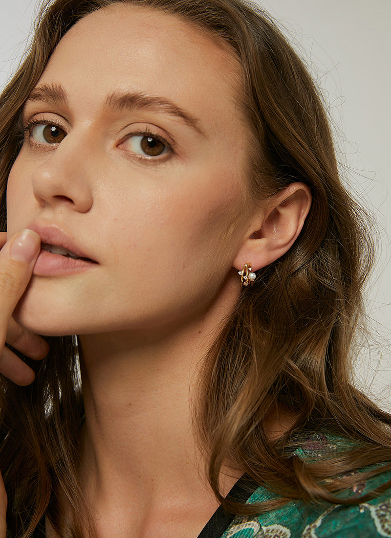 E0371 Design Geometric Earrings Three-Hoop Round Hoop Earrings Pearl Hong Kong Style Metal Stud Earrings Hoop Earrings