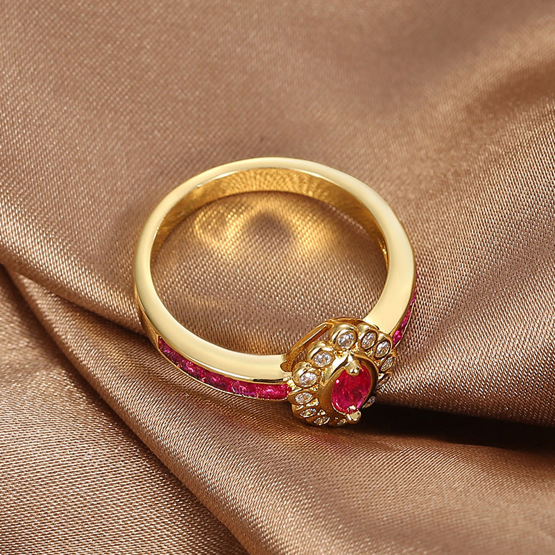 R0377 Fashion Retro Red Zircon Ring for Women Brass Gold-Plated Tail Ring