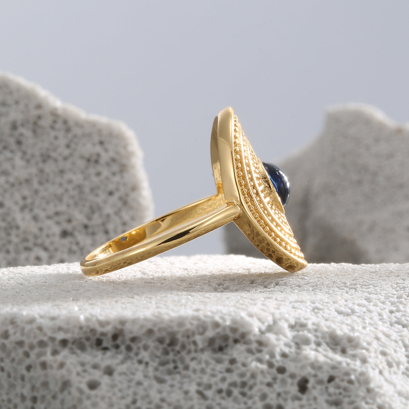 R0155 Vintage Design Curved Ring for Women Brass Gold Plated Blue Glass Stone