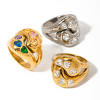 2H Stainless Steel Smooth Ring  Interlocking Water Drop White Heart-Shaped Zircon Ring