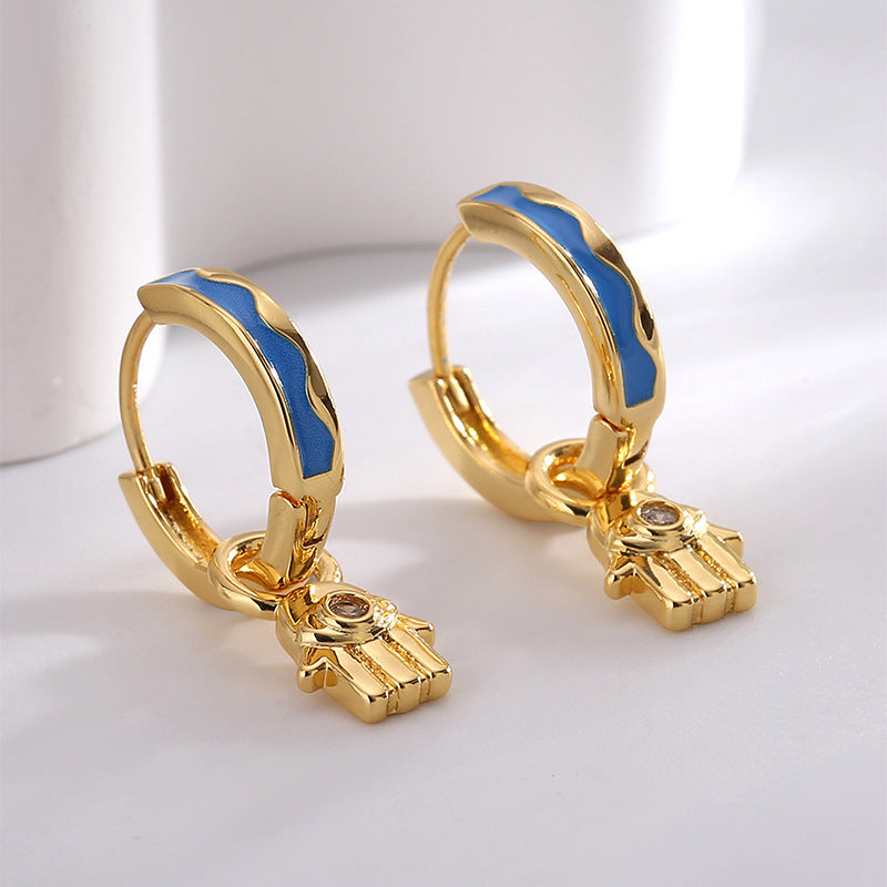 E0703 Creative Palm Inlaid Demon Eye Zircon Earrings for Women Fashion Hip-Hop Style Resin Earrings