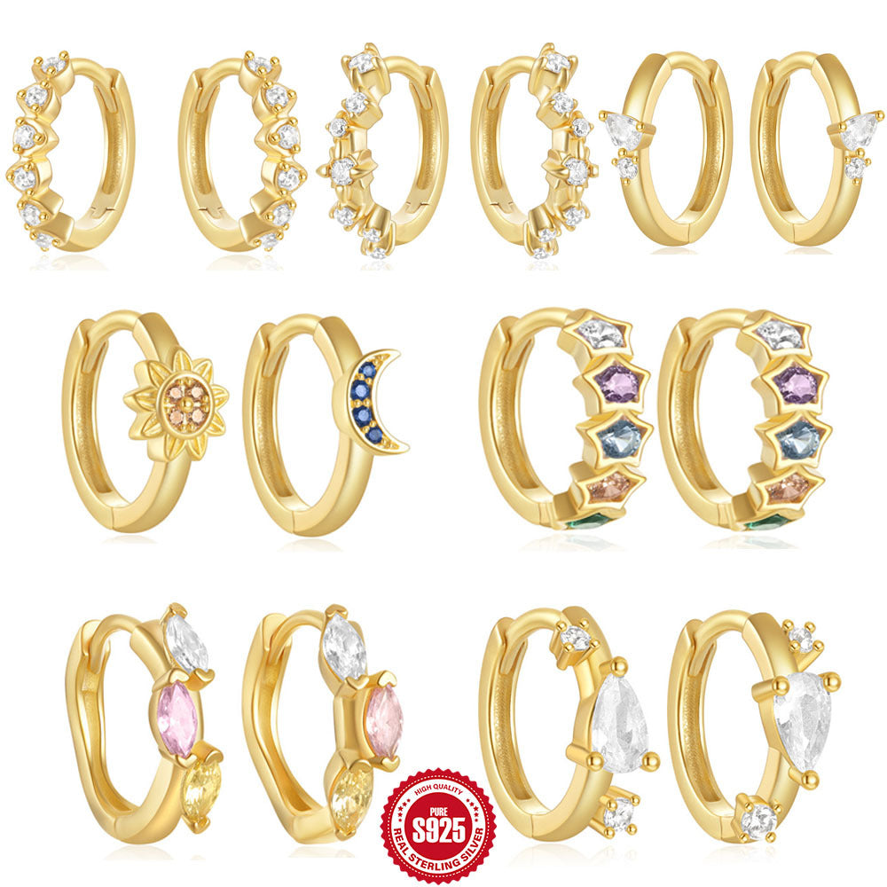 S925Sterling Silver Rainbow Colorful Star Moon Earrings Hoop Daily Wear Diamond-Studded Ear Clips Ear Jewelry for Women