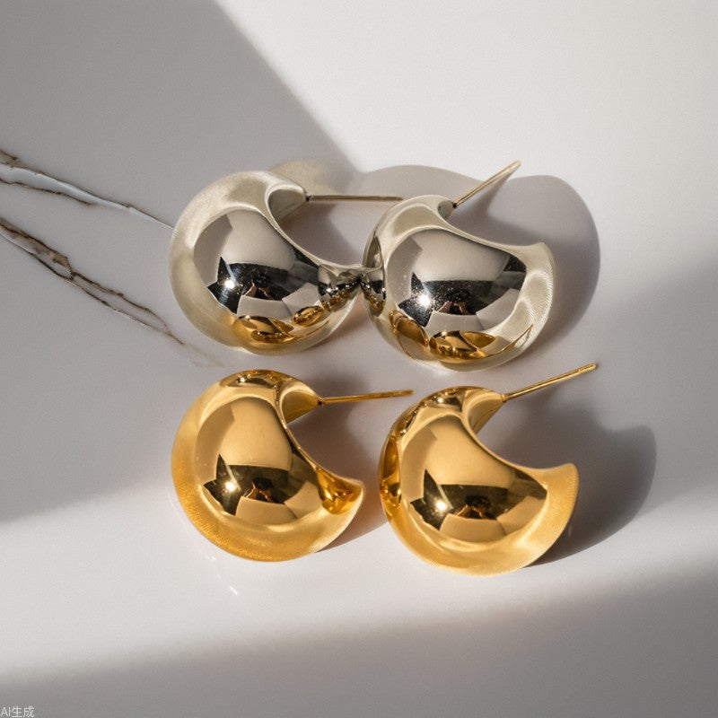 Fashion Trendy Earrings18K Golden Ball Semi-Circular Thick C Hollow-shaped Earrings for Women Trendy Earrings