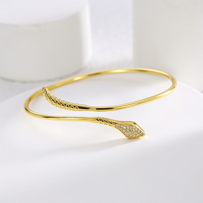 B0151 Personalized Design Snake-Shaped Bracelet for Women, Brass Gold-Plated Micro-Inlaid White Zircon Simple Bangle