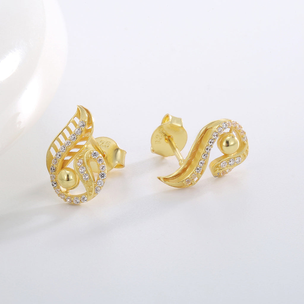 SE0007 S925Silver plating14K Gold Feather Inlaid Zircon Fashion Earrings for Women Minimalist Ear Jewelry