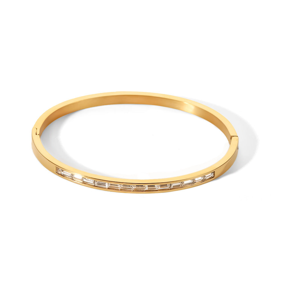 2H  Bracelet for Women, Versatile Fashion Stainless Steel18K Gold Inlaid White Square Zircon Bracelet