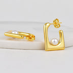 E0646 Fashion Geometric Square Inlaid Pearl Stud Earrings for Women Brass Gold-Plated Minimalist Style Earrings