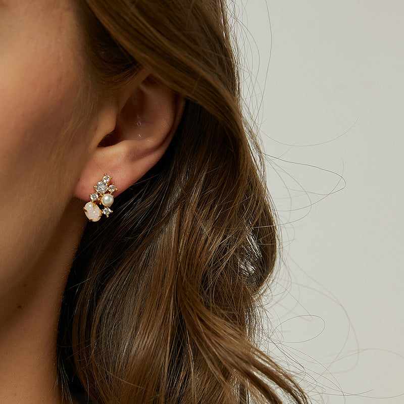 E0353 Vintage Opal Pearl Earrings Fairy Zircon Pearl Studs Evening Jewelry for Women