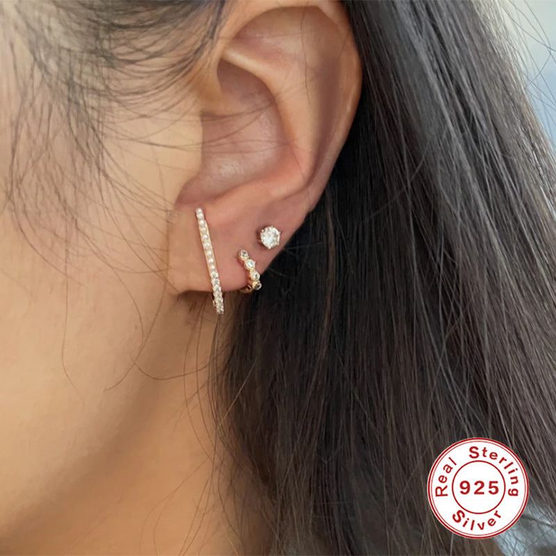 S925Sterling Silver Layered C Exaggerated Creative Style Earrings with Dense Studs and Claw Setting Double Steel Wire Hoop Earrings
