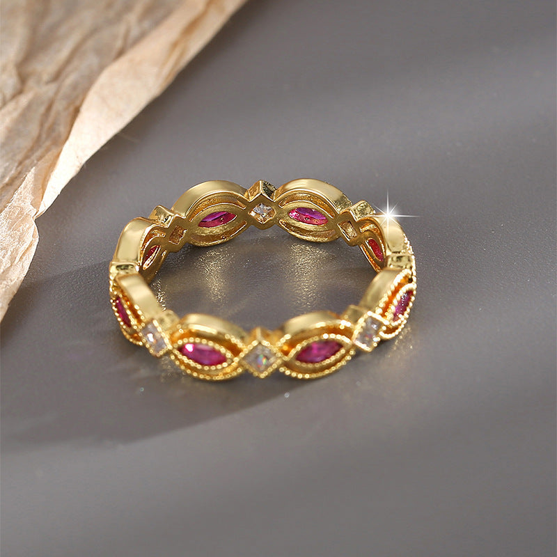 R0427 Fashion Heart Red Purple Two-tone Zircon Ring for Women Copper Gold-plated Ring