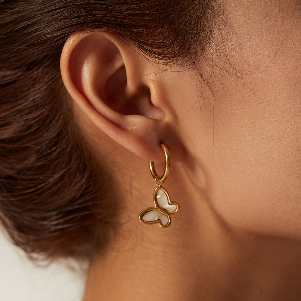18K Gold Natural White Shell Butterfly Shape Simple Stud Earrings14K Golden White Shell Butterfly Gold Chain Stainless Steel Necklace