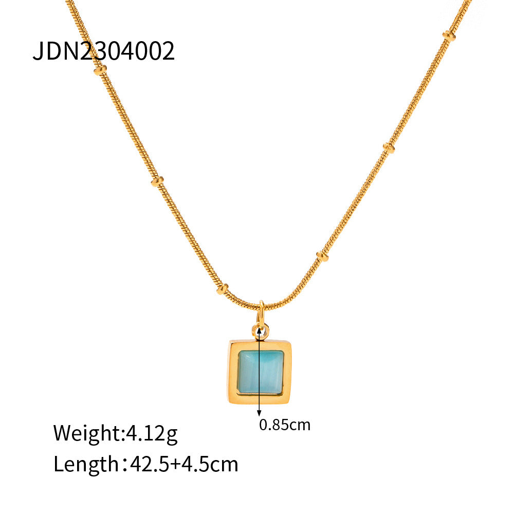 2025New Year's Stainless Steel Blue Cat's Eye Square Necklace Design Fashion Item