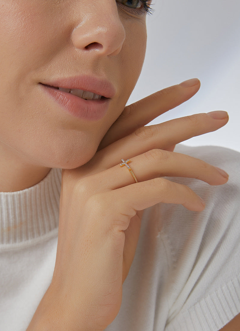 R0034 Fashion Trend Cross Ring for Women Simple Versatile Zircon Inlaid