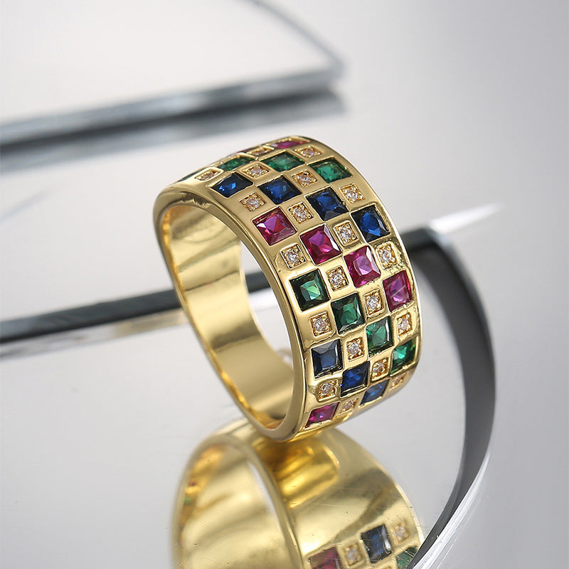 CYR0525 Fashion Simple Creative Inlaid Colorful Square Zircon Ring for Women Copper Plated with Real Gold Versatile