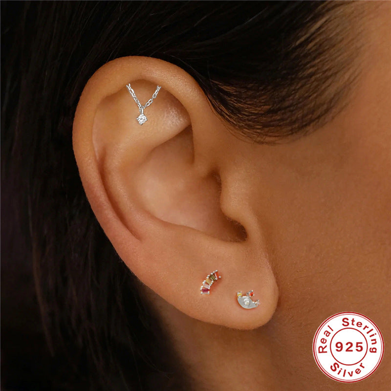 S925Sterling Silver Inlaid Diamond Tassel Chain Flat Head Threaded Piercing Ear Bone Stud Fashion Style Earrings