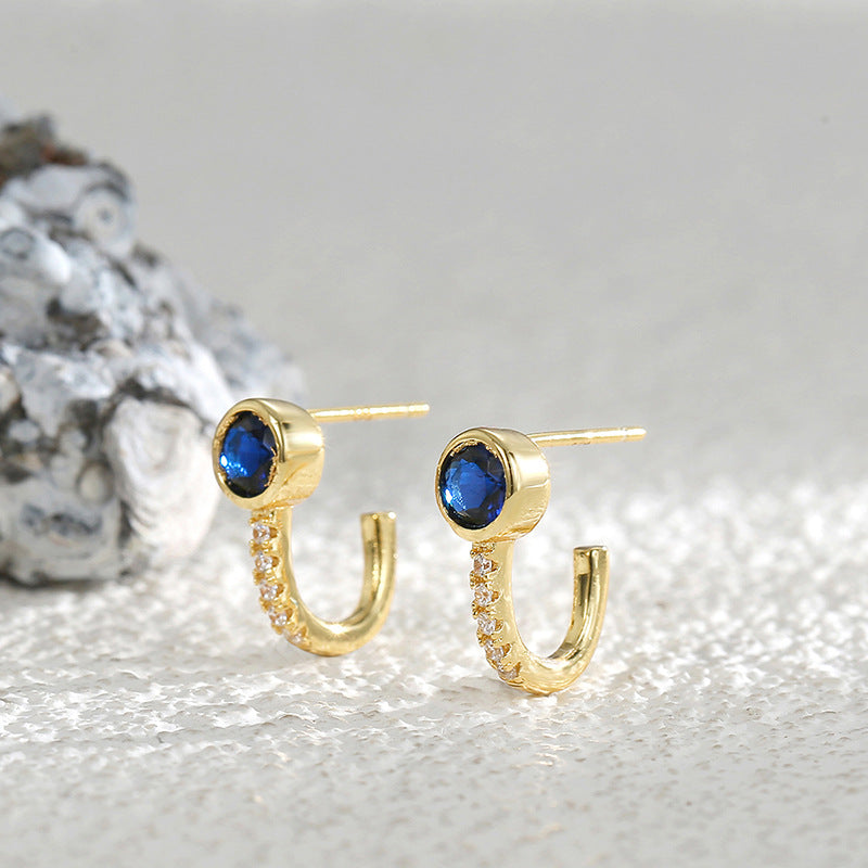 E0362 Mediterranean Vintage Brass Gold Plated Blue Zircon Stud Earrings U Micro-set White Zirconia Earrings