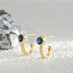 E0362 Mediterranean Vintage Brass Gold Plated Blue Zircon Stud Earrings U Micro-set White Zirconia Earrings