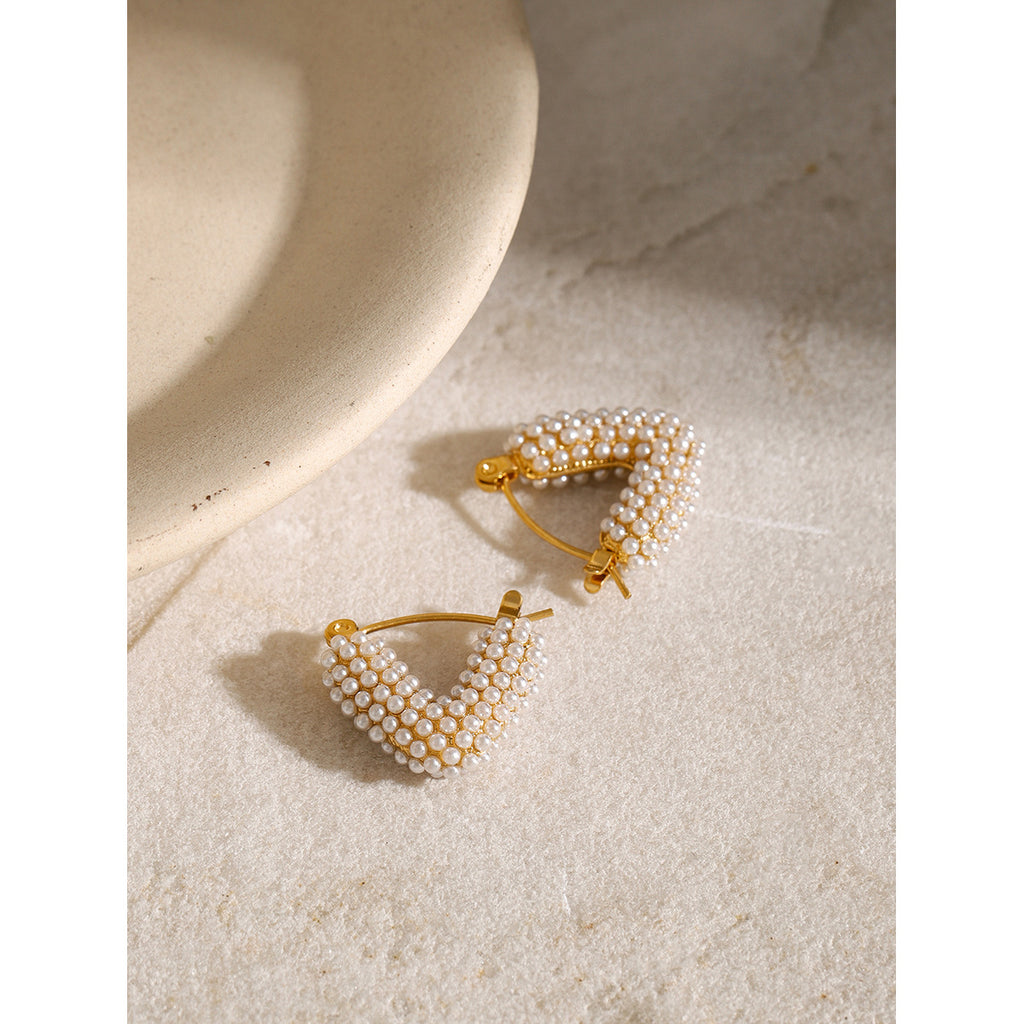 18k Gold Stainless Steel/Hollow Basket Inlaid Rhinestone Earrings Unique Design Fashion Shell Pearl Earrings for Women