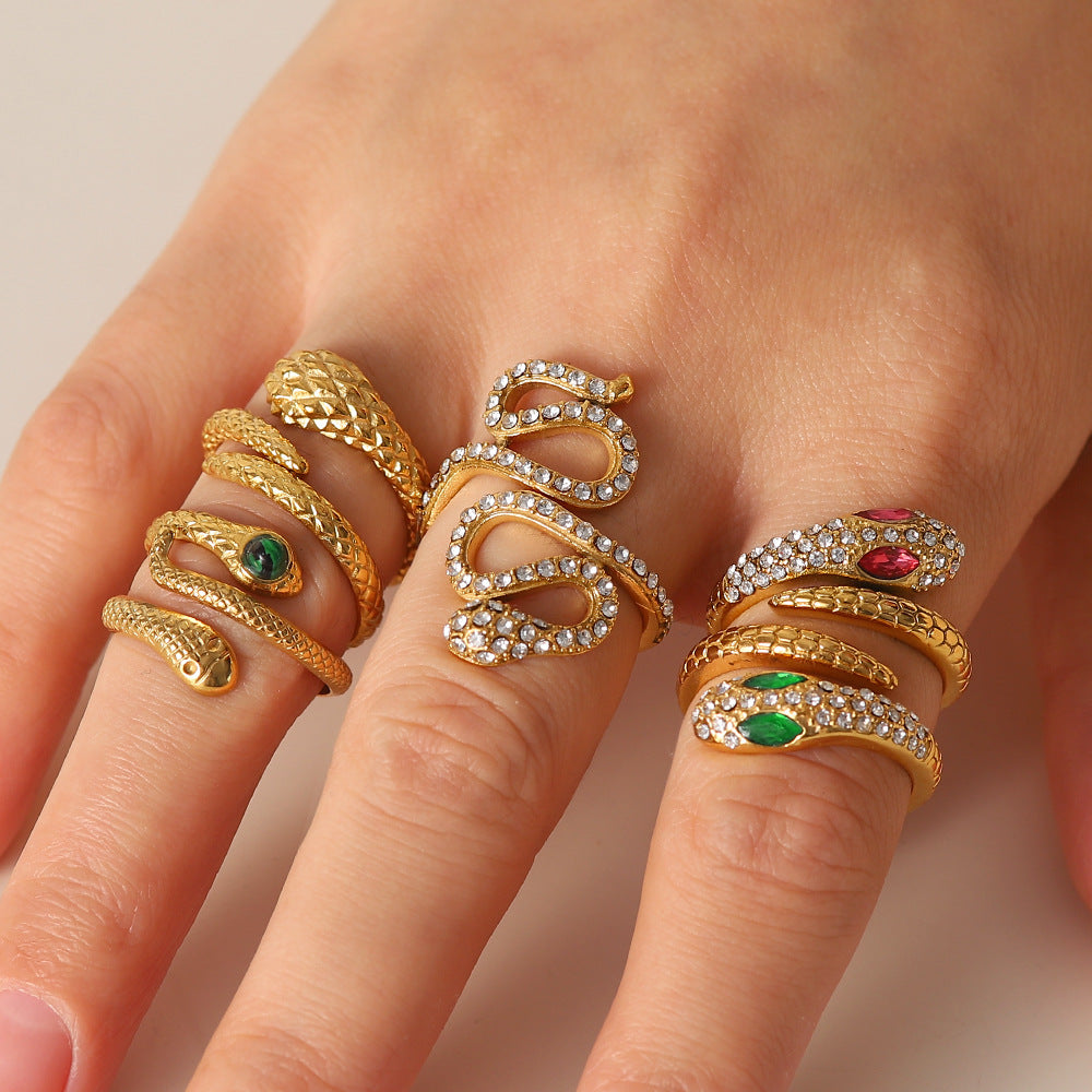 2H High-Quality Vintage Style Open Ring with Diamond Snake Shape for Women, Versatile Ring
