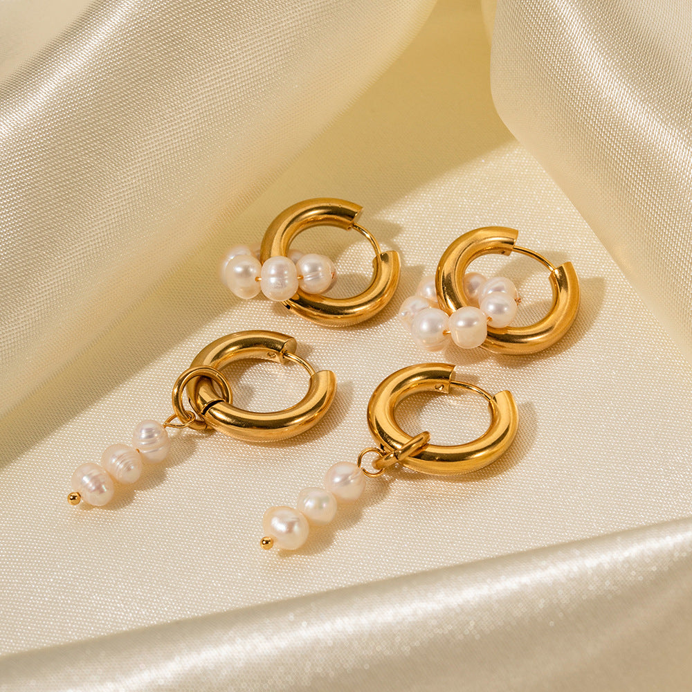 2H  Earrings18K Gold-plated Asymmetric Natural Freshwater Pearl Pendant Hoop Earrings Jewelry
