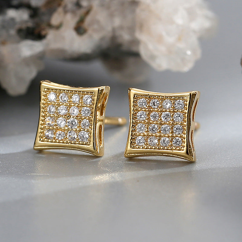 E0557 Simple Rural Style Four-sided Stud Earrings for Women Fashion Design Micro-inlaid Zircon Earrings