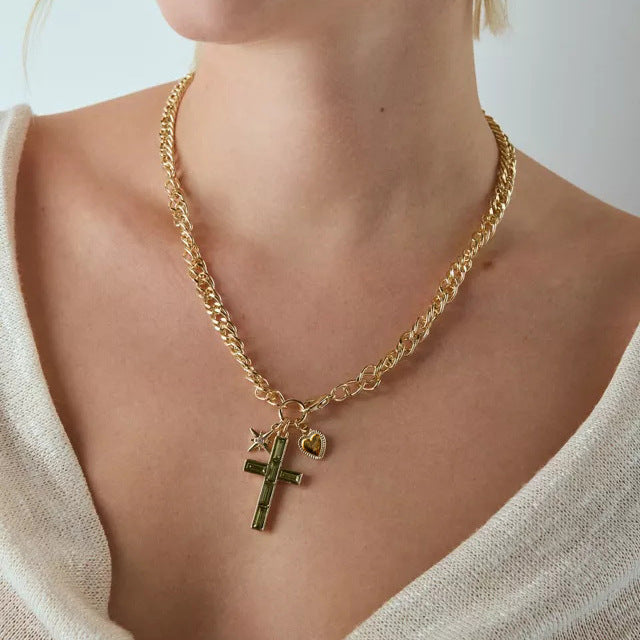 2H Zircon Cross Necklace Pendant Accessories Clavicle Chain Stainless Steel Jewelry