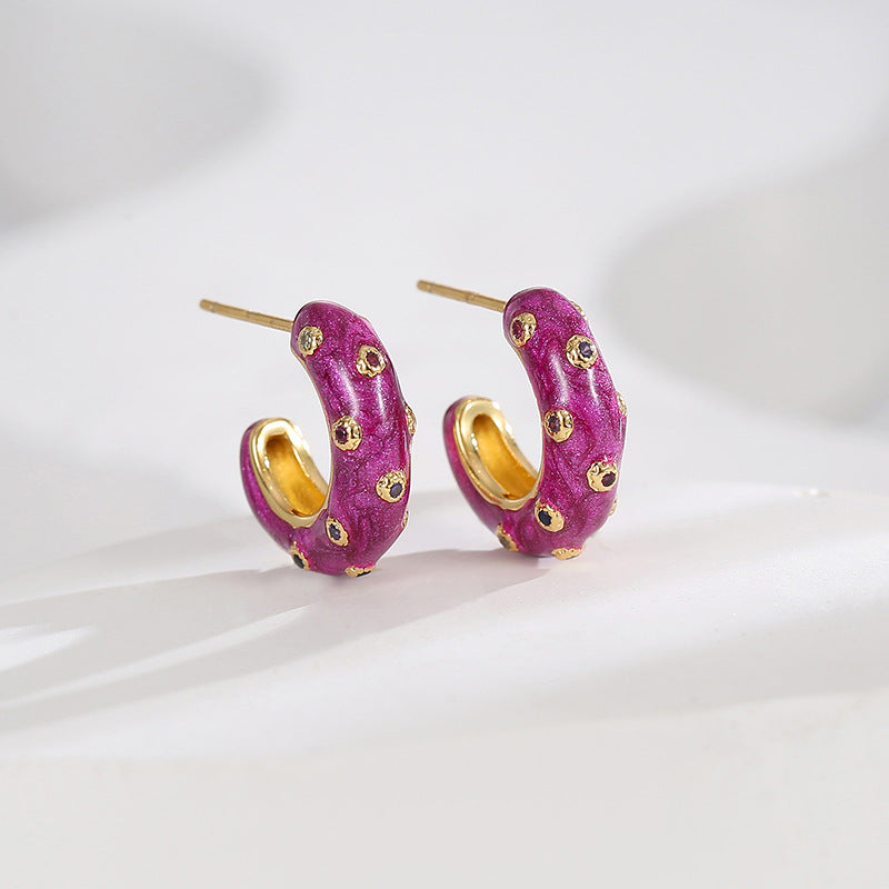 E0546 Trendy Geometry C Shaped Epoxy Inlaid Colorful Zircon Earrings for Women, Vintage Creative Simple Stud Earrings