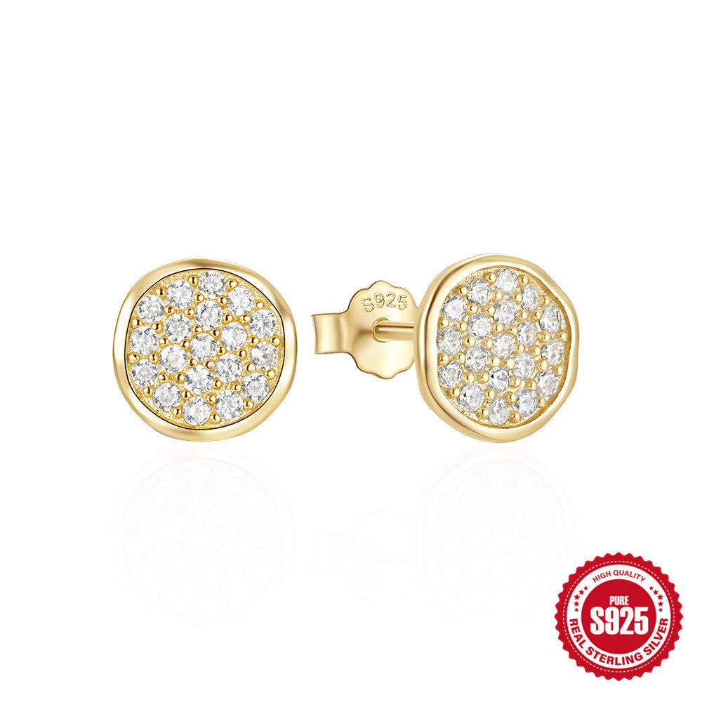 New925Pure Silver Classic Simple Round Shape C Stud Earrings with Inlaid Diamonds, Minimalist Design Sense, Korean and Japanese Style
