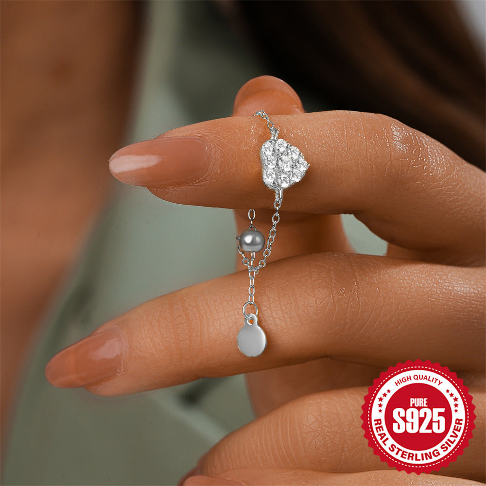 New925Sterling Silver Heart Butterfly Inlaid Diamond Ring for Women Hot Sale Trendy Adjustable Open Chain Ring