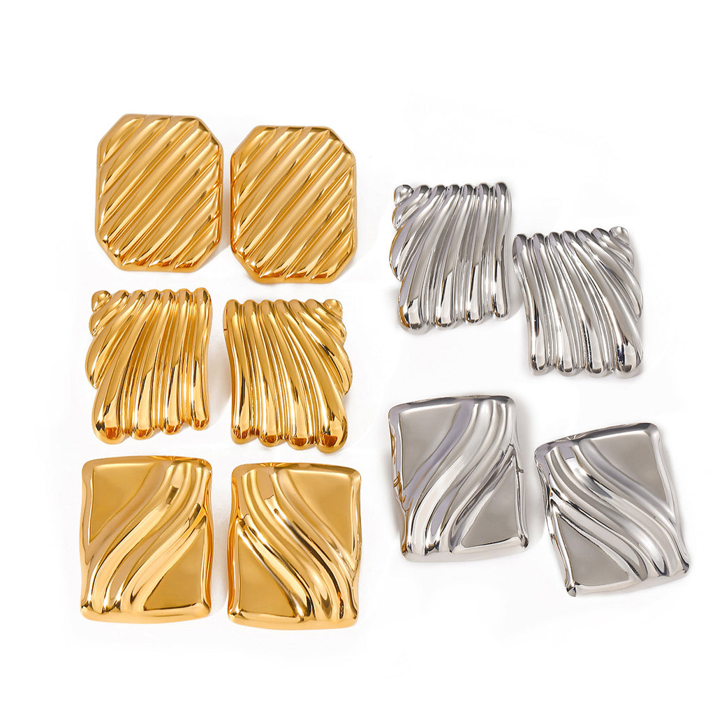 2H18K Gold Stainless Steel Square Wave Texture Earrings  Same Style Simple Geometric Earrings