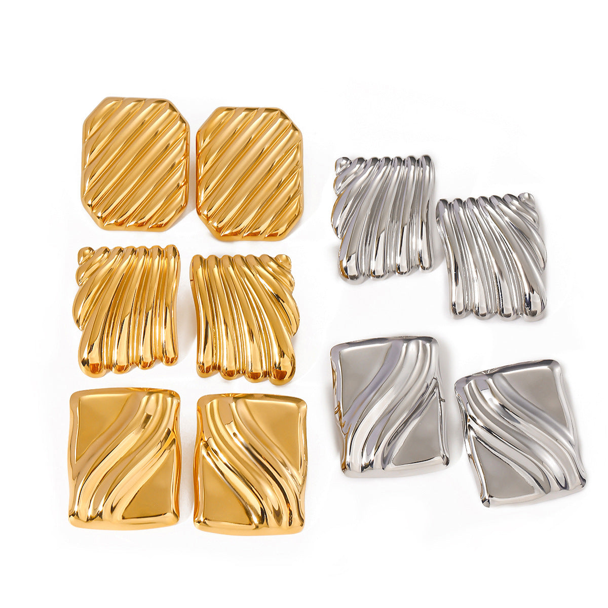 2H18K Gold Stainless Steel Square Wave Texture Earrings  Same Style Simple Geometric Earrings
