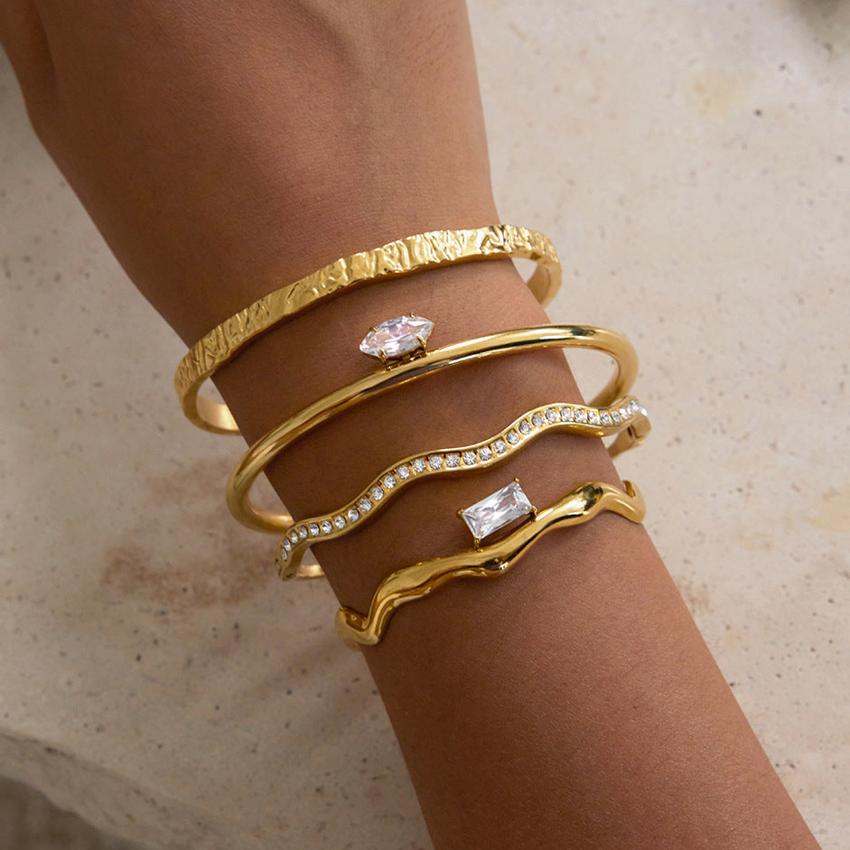 Zircon Bracelet for Women, Non-Fading Open Bangle, Stainless Steel Jewelry