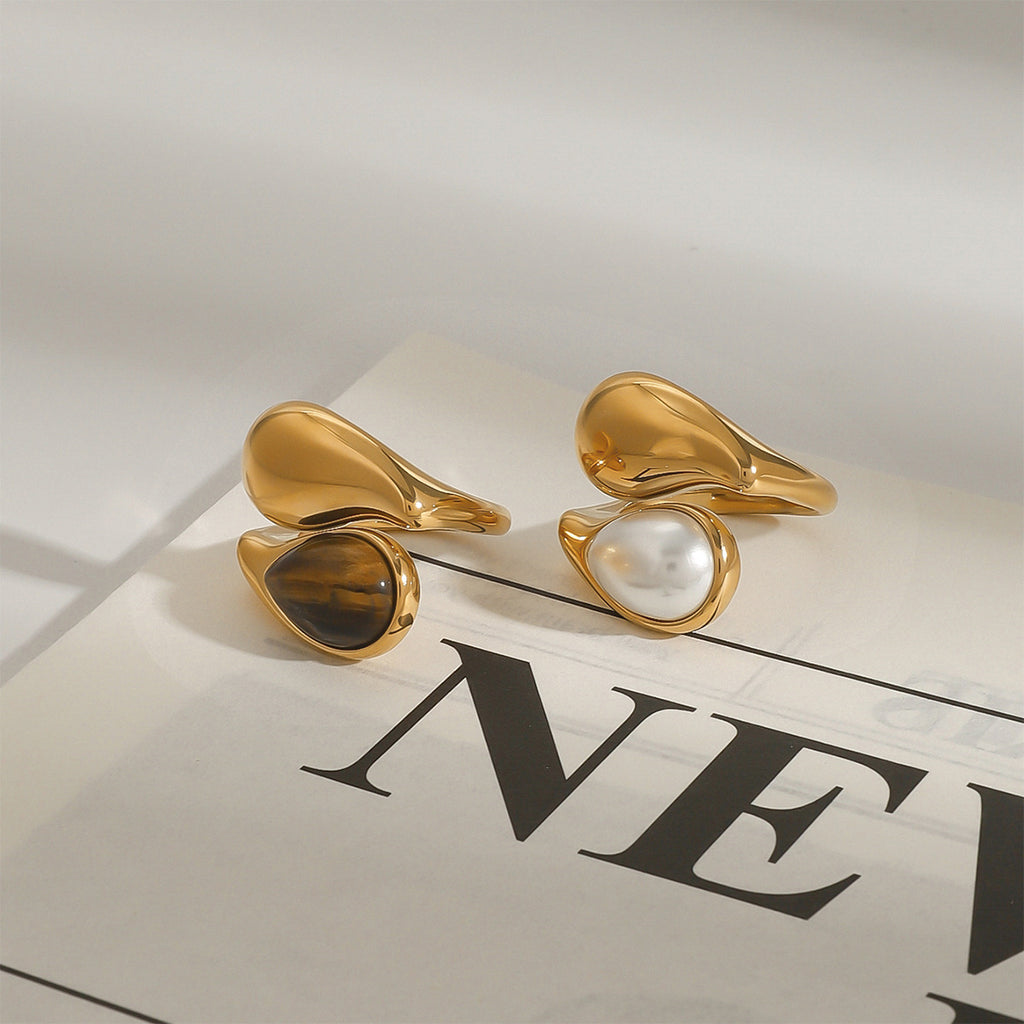 Stainless Steel Water Drop Pearl Ring Tiger Eye Stone ring