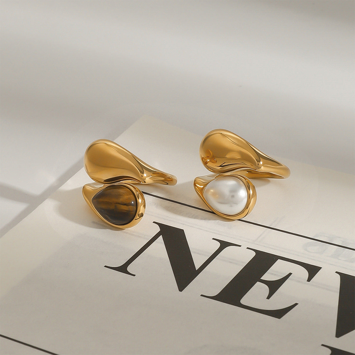 Stainless Steel Water Drop Pearl Ring Tiger Eye Stone ring