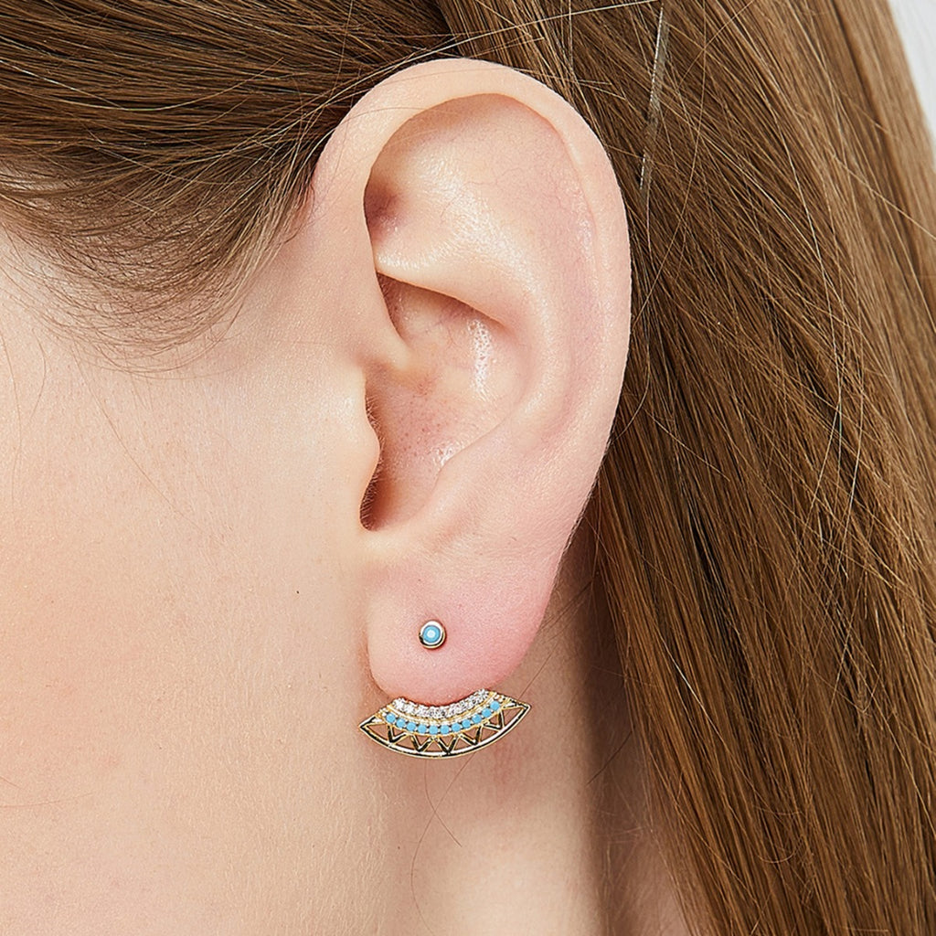 E0317 Bohemian Style Front and Back Split Earrings Geometric Hollow Fan-Shaped Blue Turquoise Earrings for Women