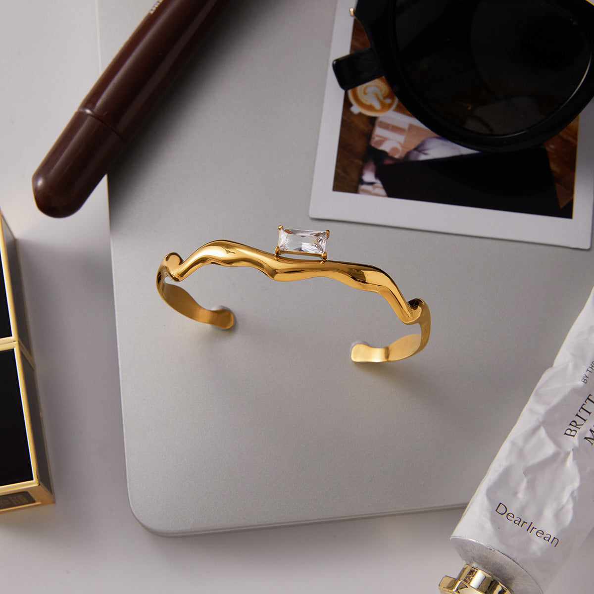 Zircon Bracelet for Women, Non-Fading Open Bangle, Stainless Steel Jewelry