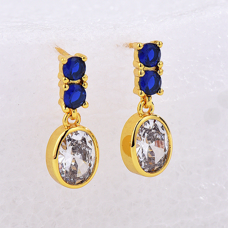 E0658 Elegant Fashion Oval Blue and White Zircon Earrings for Women Retro Minimalist Drop Earrings