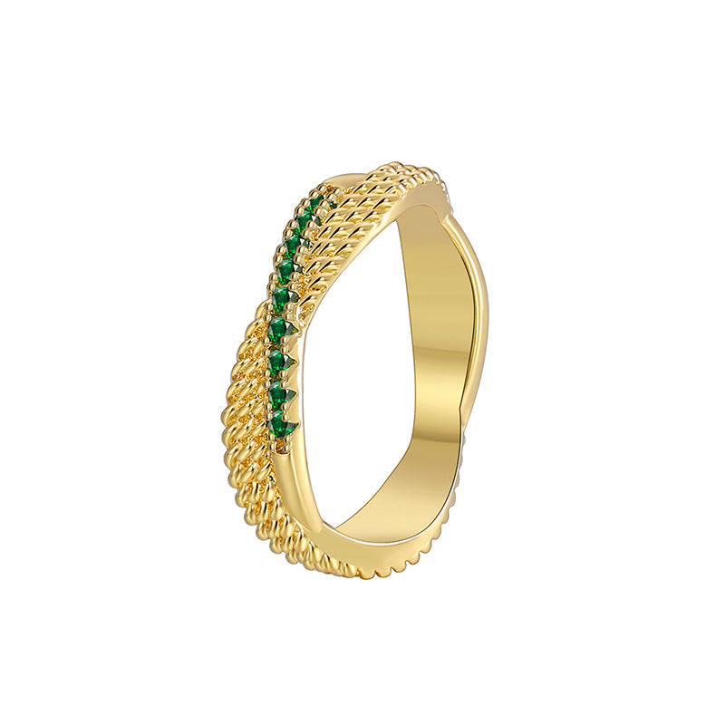 R0429 Design Sense Green Zircon Irregular Shape Ring for Women Brass Gold-Plated Ring